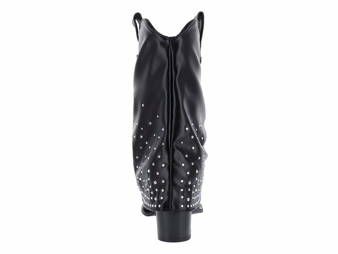 Botas vaqueras negras para mujer con detalles de pedrería brillante en la parte inferior y tacón cuadrado.