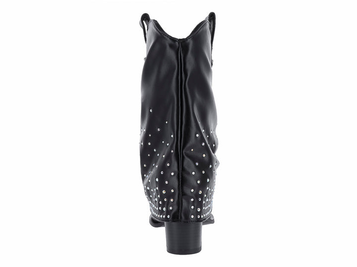 Botas vaqueras negras para mujer con detalles de pedrería brillante en la parte inferior y tacón cuadrado.