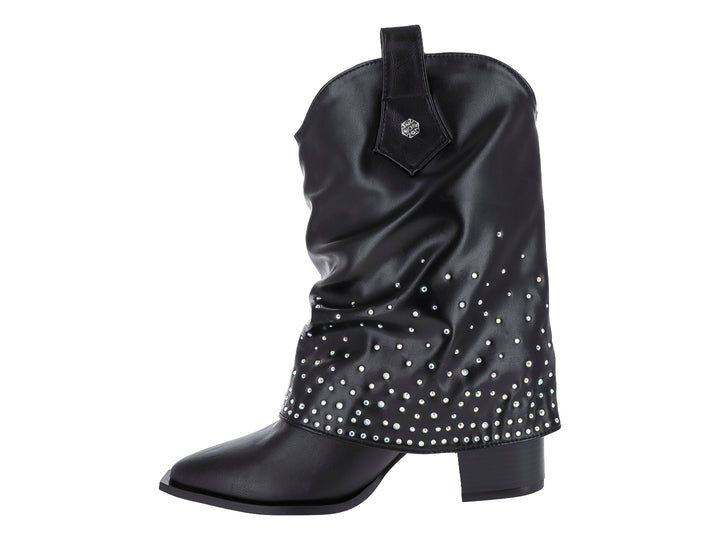 Botas vaqueras negras para mujer con detalles de pedrería brillante en la parte inferior y tacón cuadrado.