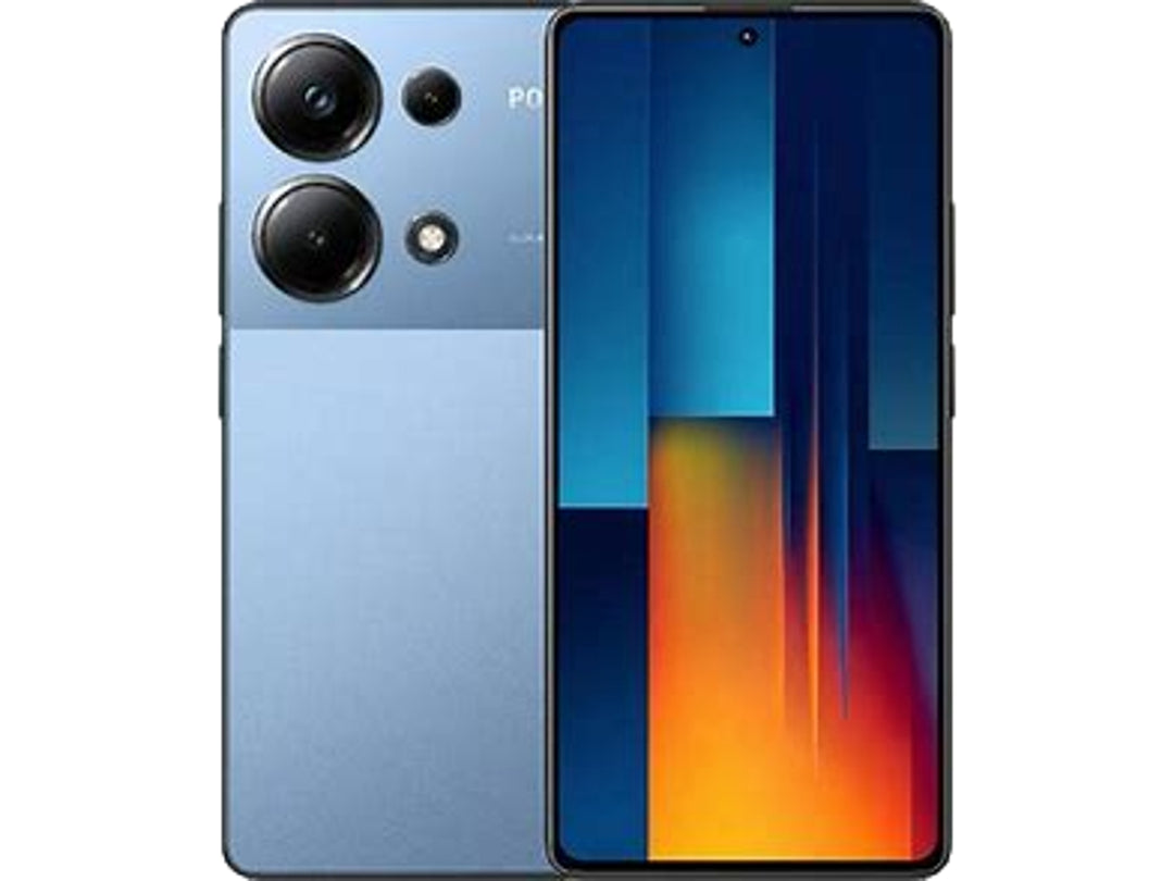 Teléfono inteligente Xiaomi Poco M6 Pro en color azul, vista frontal y posterior.