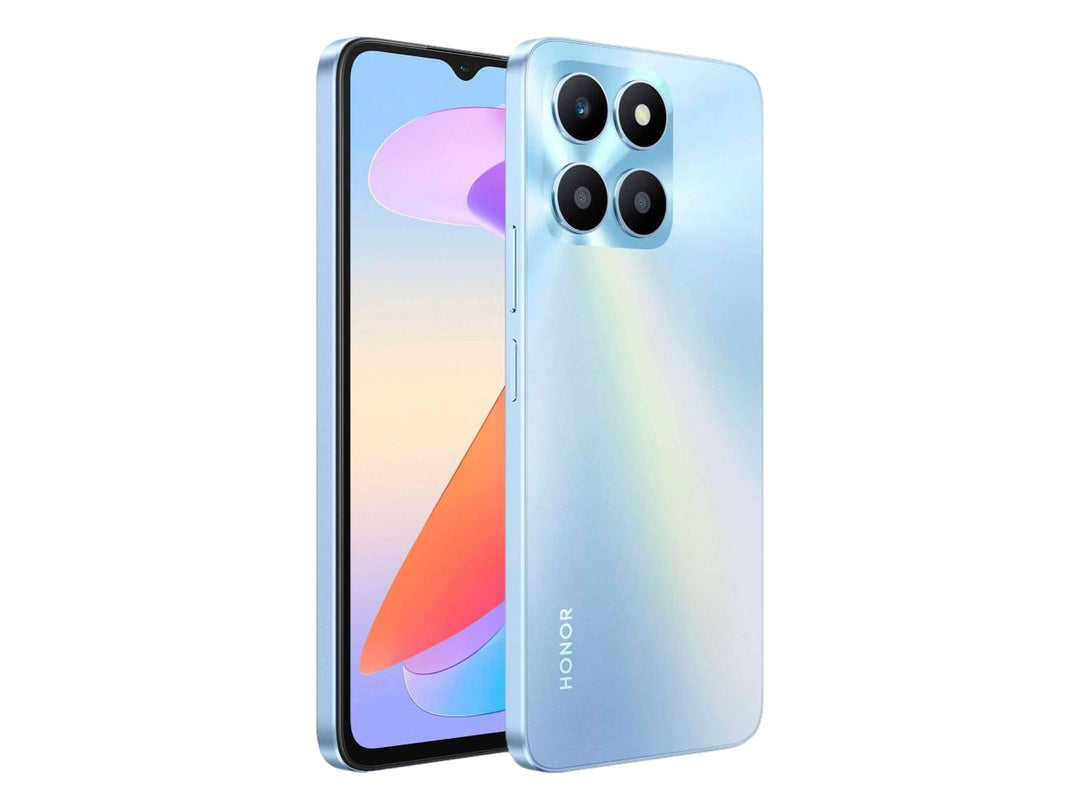 Smartphone HONOR LIBRE X6A Plus color plata, vista frontal y posterior con cámaras traseras.
