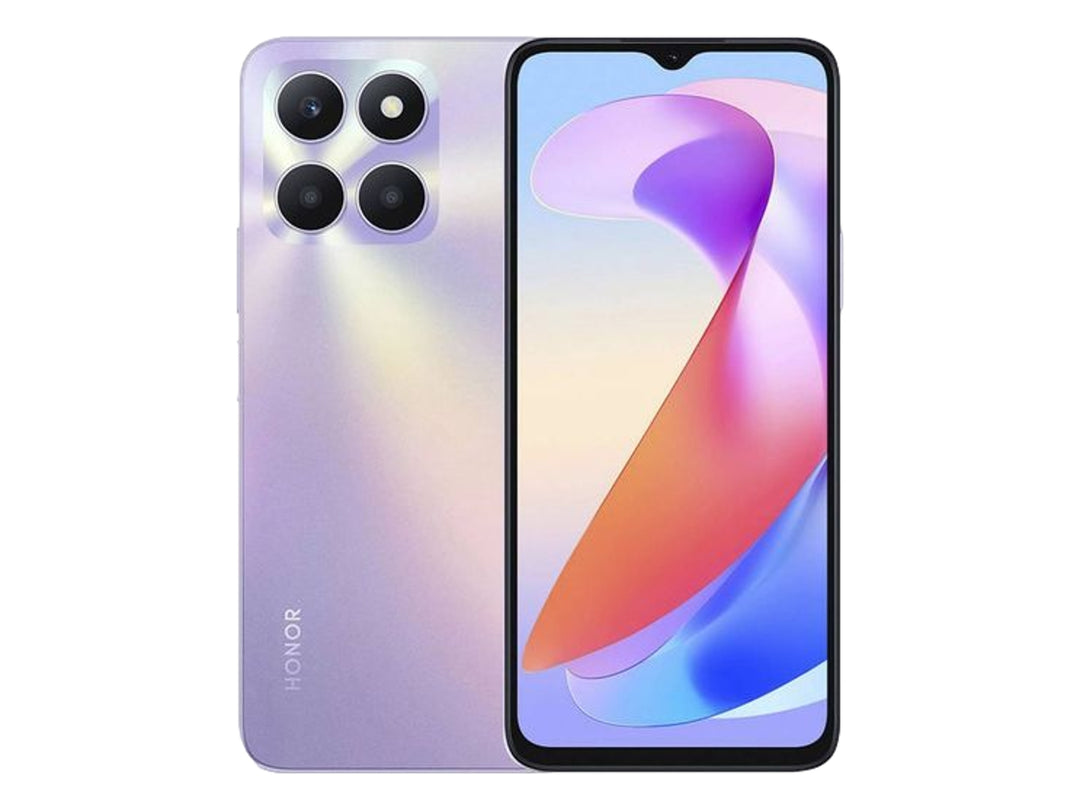 Teléfono inteligente HONOR de color púrpura brillante con vista frontal y trasera.