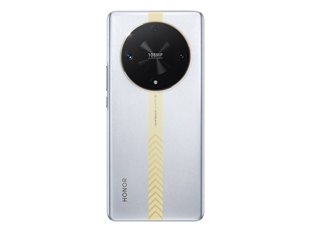 Parte trasera de smartphone HONOR color plata con módulo de cámara circular negro y detalle decorativo dorado vertical.
