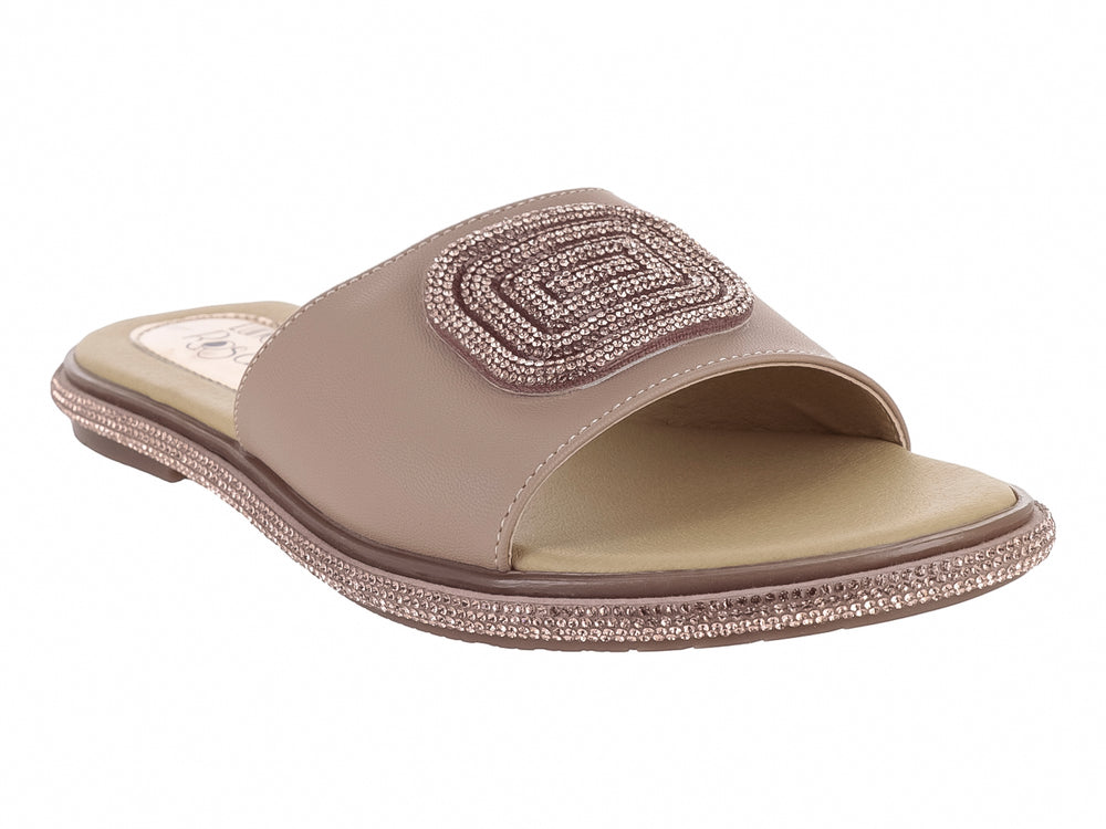 Sandalia slide color oro rosado con detalles brillantes en la correa y la suela.