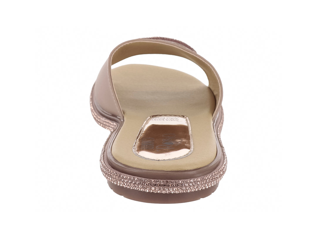 Sandalia slide color oro rosado con detalles brillantes en la correa y la suela.