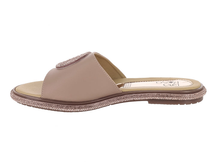 Sandalia slide color oro rosado con detalles brillantes en la correa y la suela.