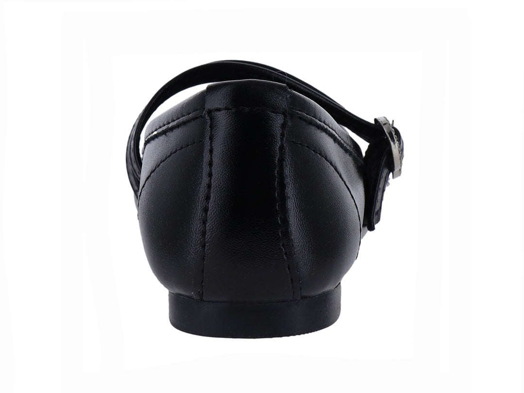 Zapato plano negro con dos correas y hebillas circulares brillantes.