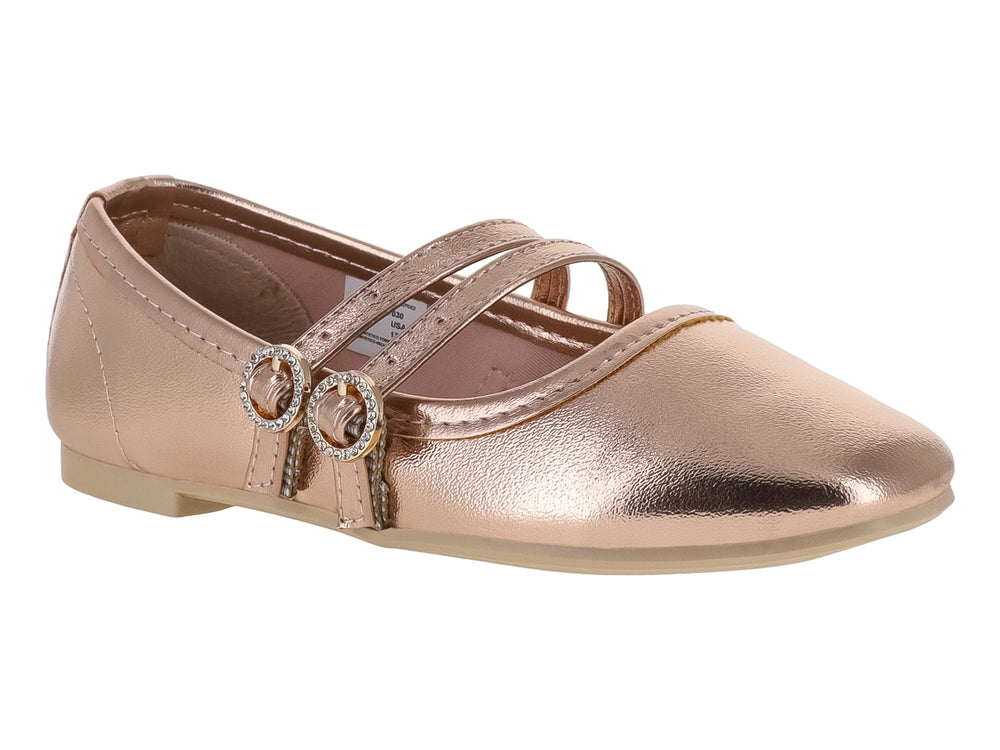 Zapato plano para niña en color oro rosado metálico con dos correas y hebillas decorativas.