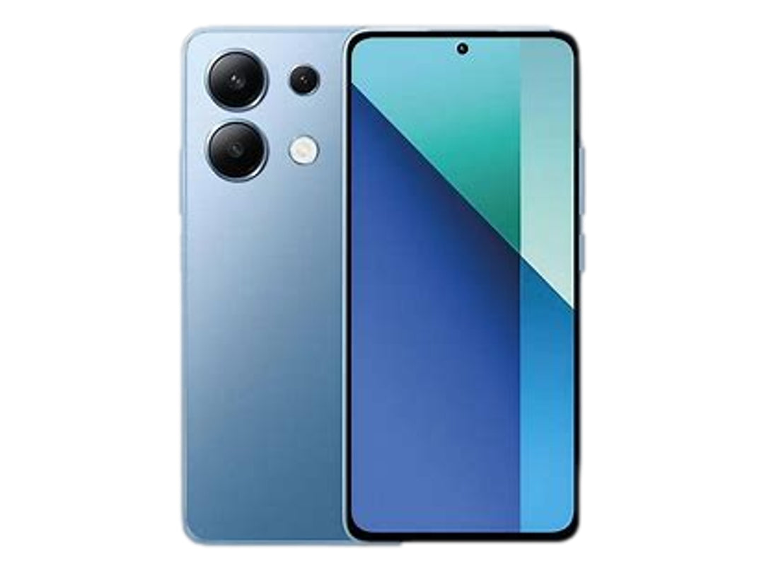 Smartphone Xiaomi Redmi Note 13 en color azul, vista frontal y posterior sobre fondo blanco.