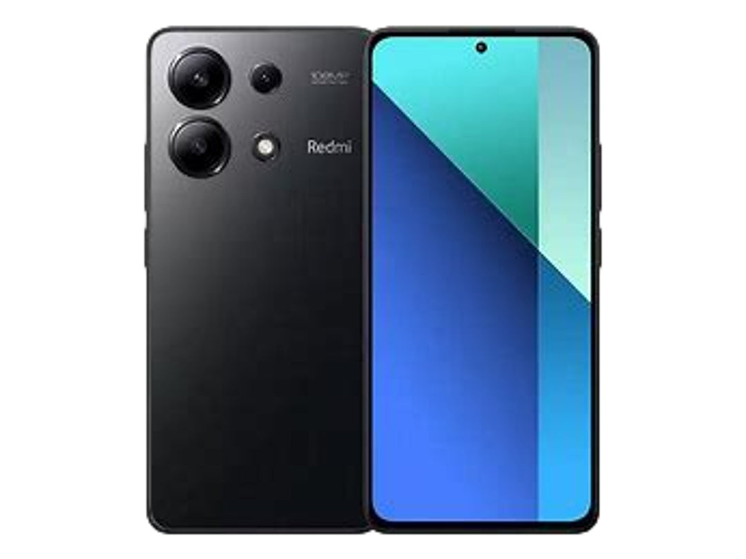 Smartphone Xiaomi Redmi Note 13 color negro, vista frontal y trasera sobre fondo blanco.