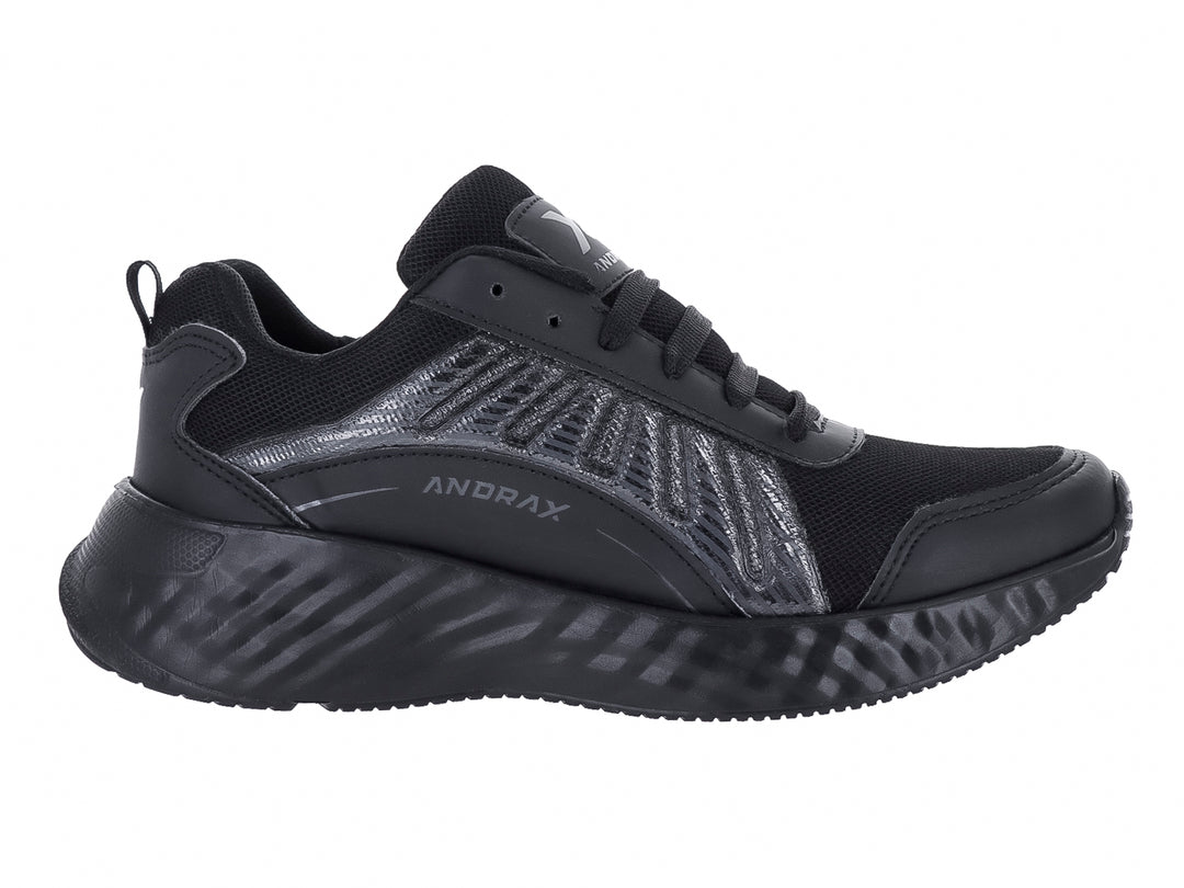 Tenis deportivos Andrax en color negro con detalles plateados y suela robusta.