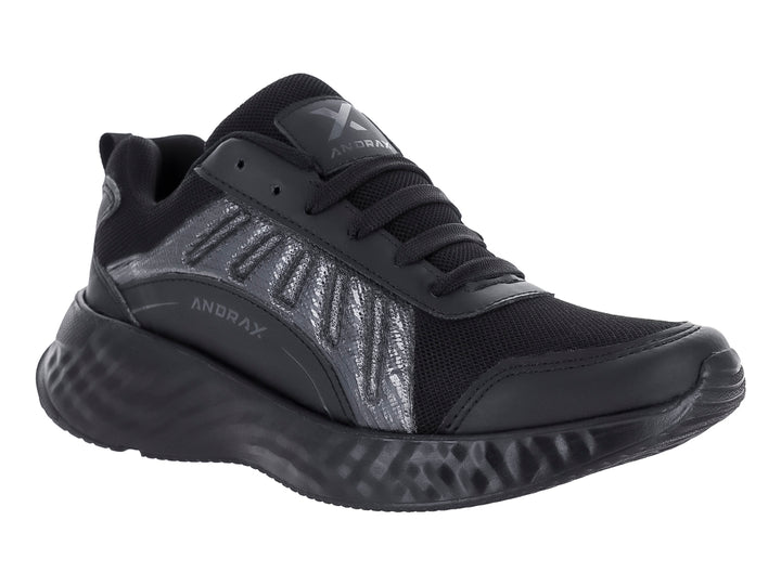 Tenis deportivos Andrax en color negro con detalles plateados y suela robusta.