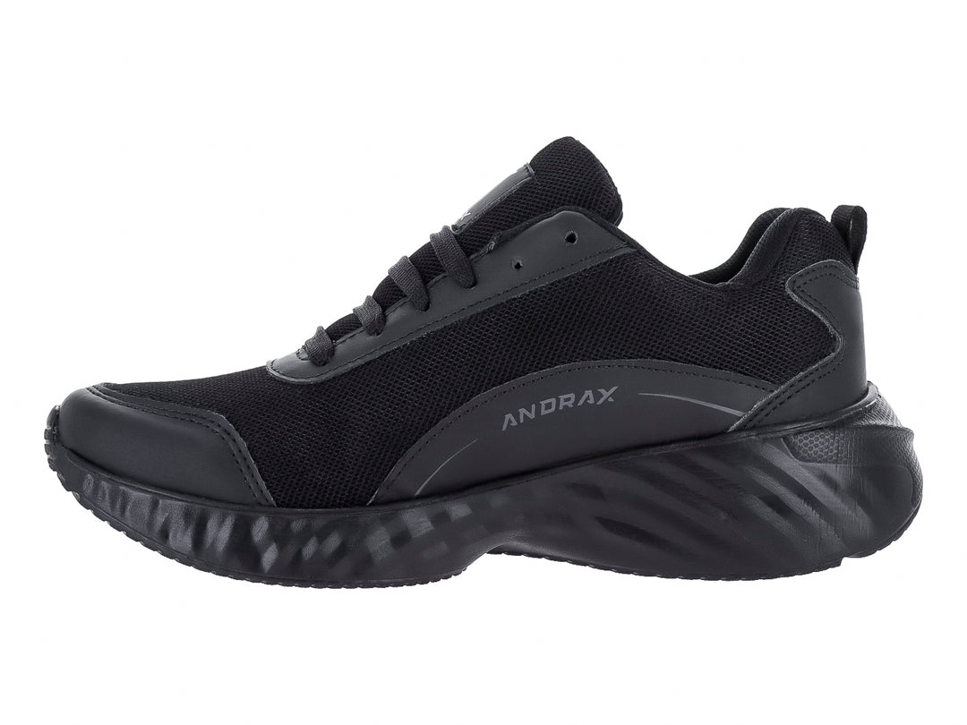 Tenis deportivos Andrax en color negro con detalles plateados y suela robusta.