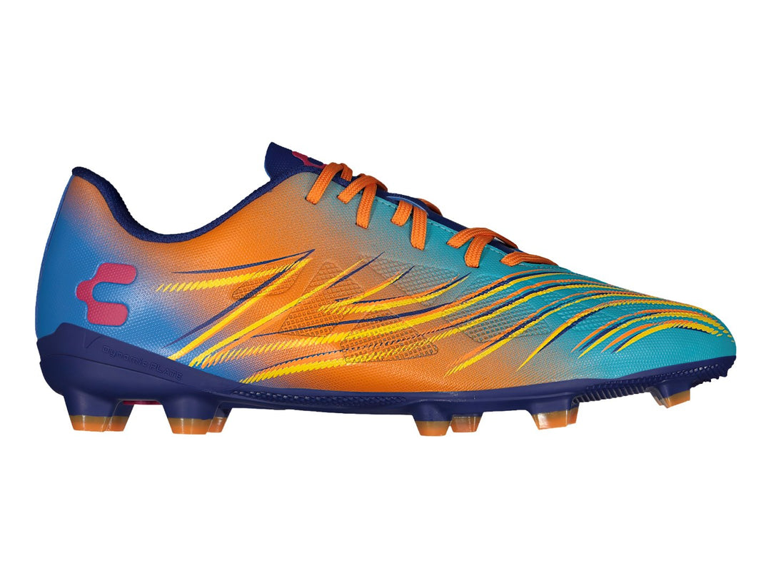 Botas de fútbol Charly con diseño degradado en colores naranja, azul y amarillo y suela con tacos.