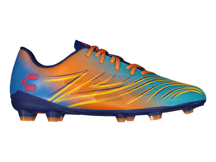 Botas de fútbol Charly con diseño degradado en colores naranja, azul y amarillo y suela con tacos.