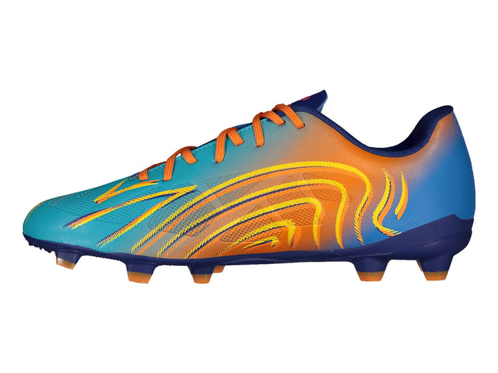Botas de fútbol Charly con diseño degradado en colores naranja, azul y amarillo y suela con tacos.