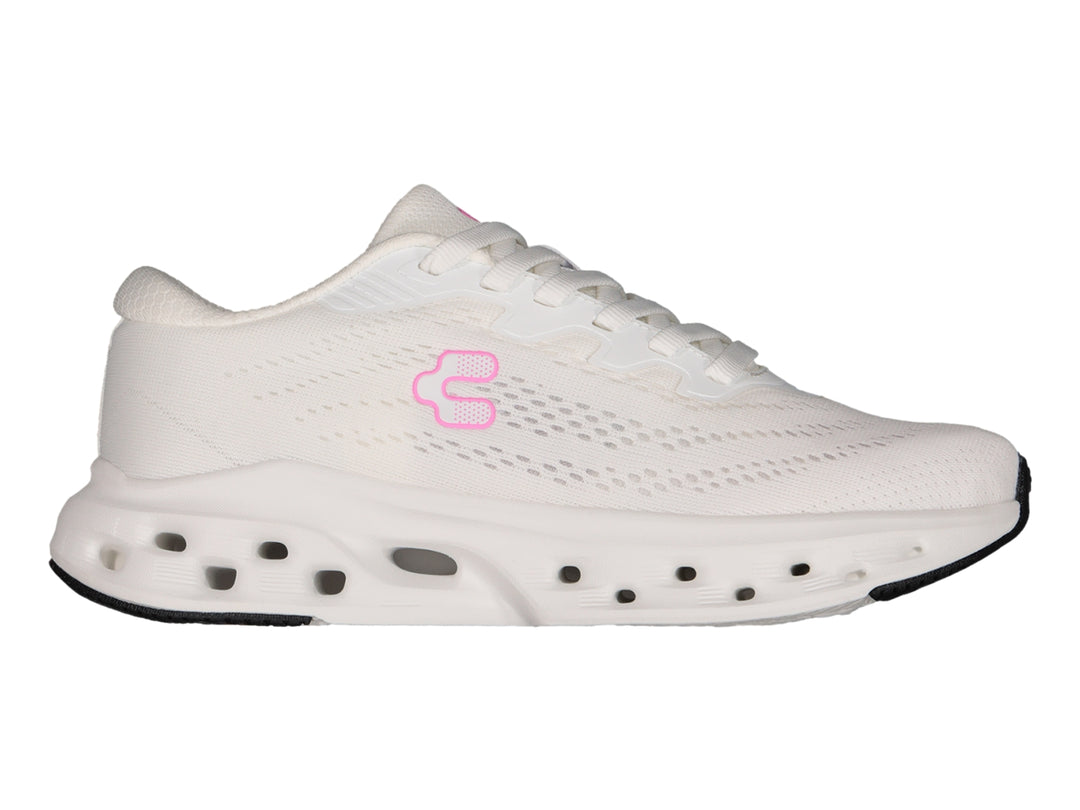 Tenis deportivos Charly color blanco con detalles en rosa y suela blanca con perforaciones laterales.
