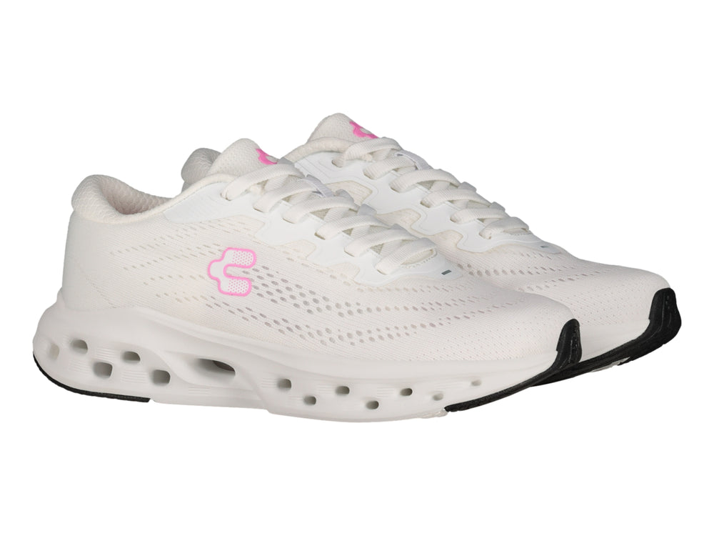 Tenis deportivos Charly color blanco con detalles en rosa y suela blanca con perforaciones laterales.