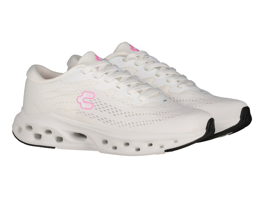 Tenis deportivos Charly color blanco con detalles en rosa y suela blanca con perforaciones laterales.