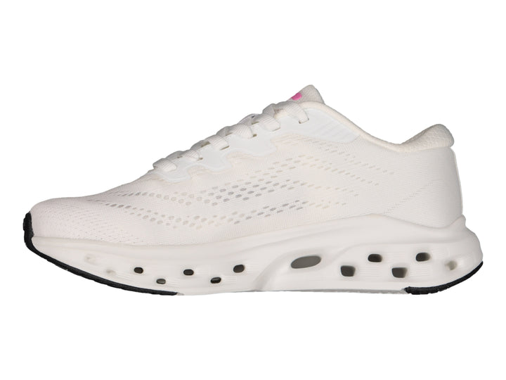 Tenis deportivos Charly color blanco con detalles en rosa y suela blanca con perforaciones laterales.