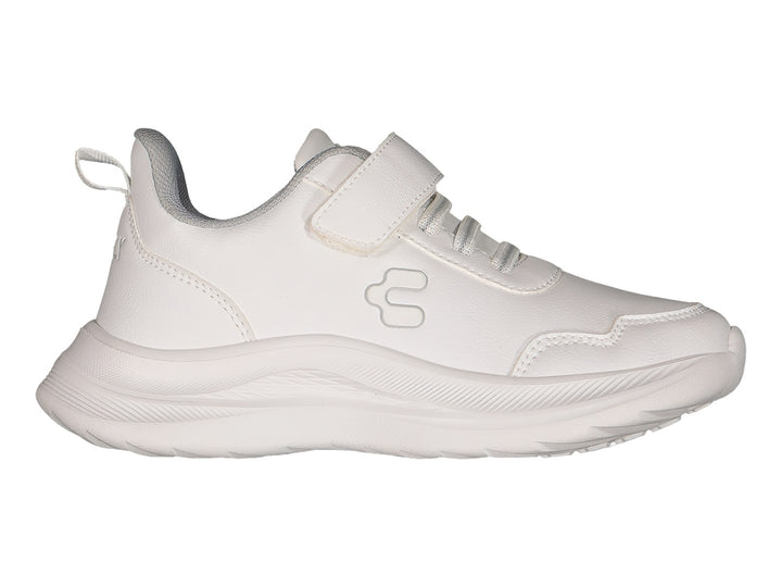 Tenis deportivos Charly color blanco con cierre de correa velcro y suela blanca robusta.