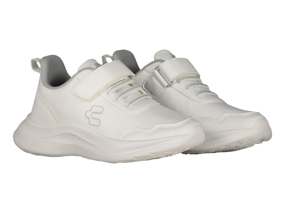 Tenis deportivos Charly color blanco con cierre de correa velcro y suela blanca robusta.