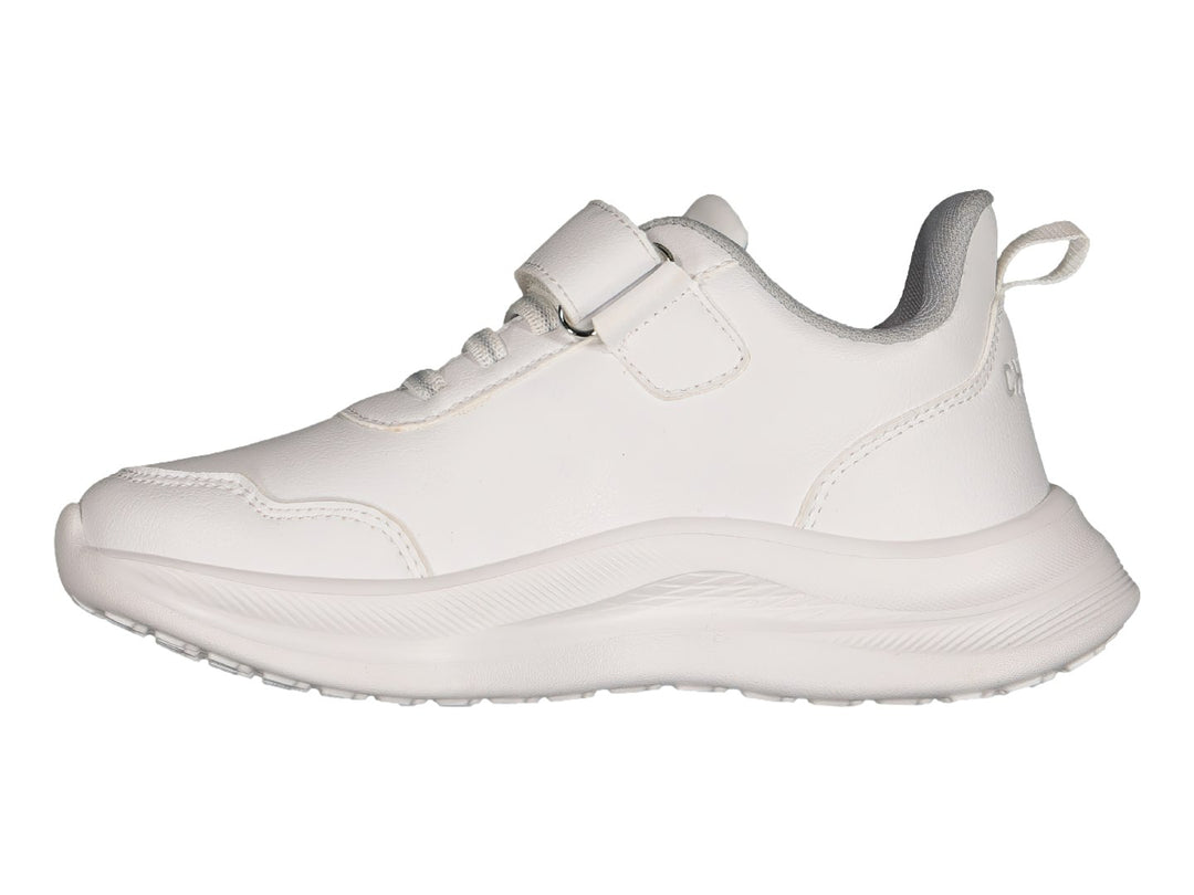 Tenis deportivos Charly color blanco con cierre de correa velcro y suela blanca robusta.