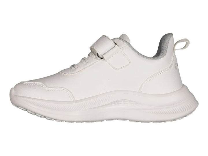 Tenis deportivos Charly color blanco con cierre de correa velcro y suela blanca robusta.