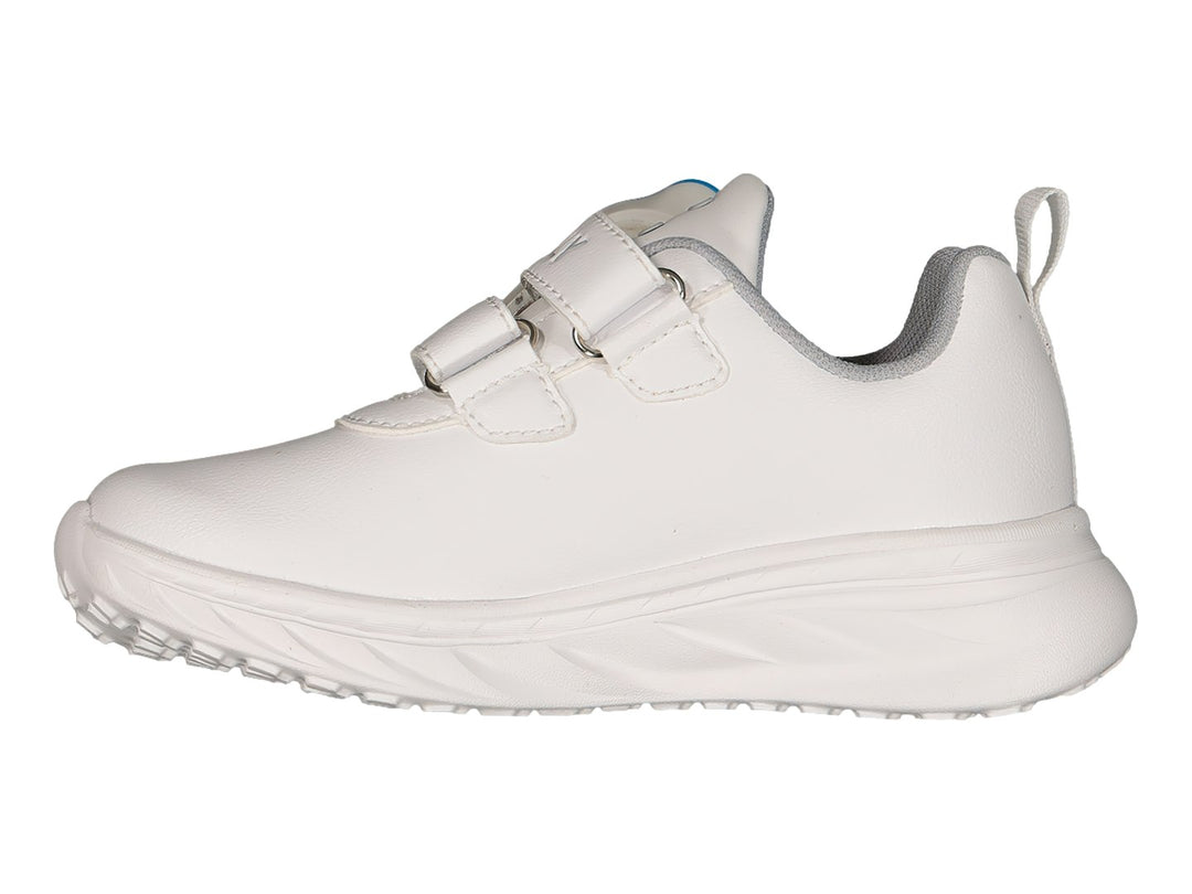 Tenis deportivos blancos de la marca Charly con cierre de velcro y suela gruesa.