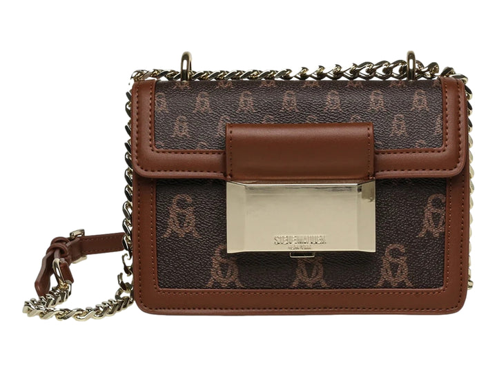 Bolso de hombro Steve Madden color marrón con estampado, cierre metálico dorado y correa de cadena.