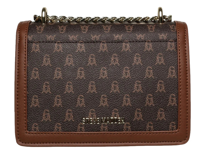 Bolso de hombro Steve Madden color marrón con estampado, cierre metálico dorado y correa de cadena.