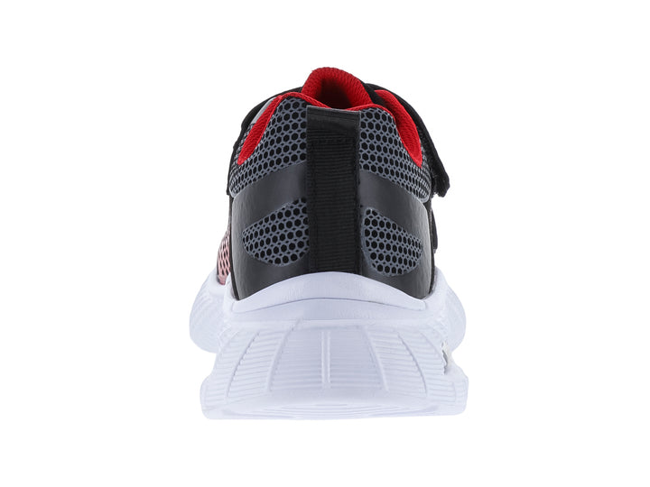 Tenis deportivos infantiles color negro y rojo con suela blanca y detalles en gris.