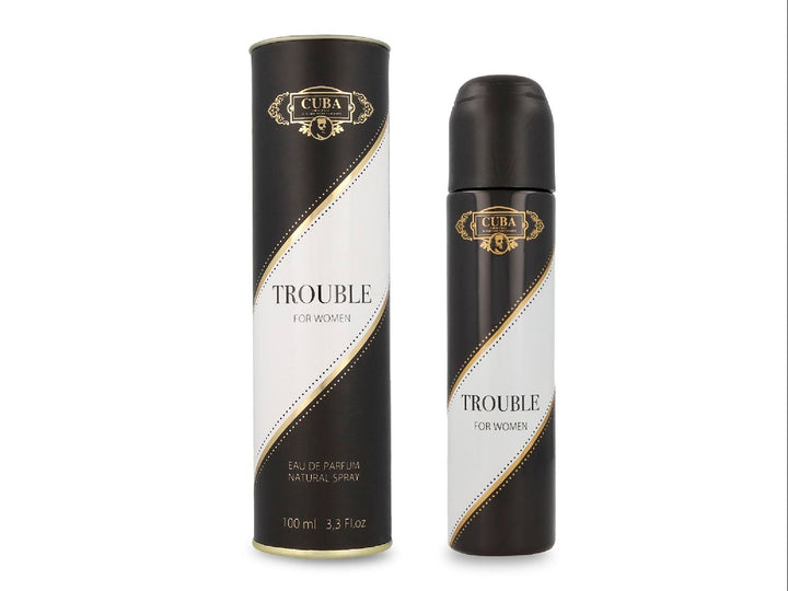 Frasco y caja de perfume Cuba Trouble para Mujer en colores negro, blanco y dorado.
