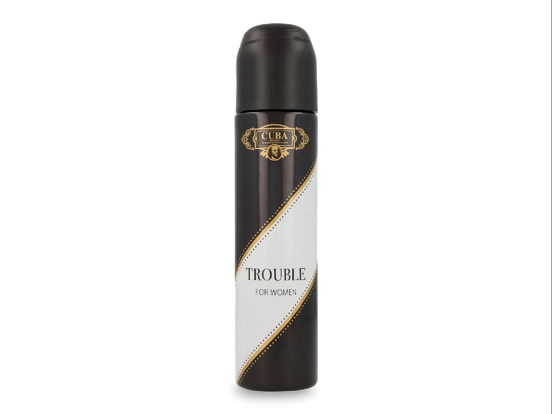 Frasco y caja de perfume Cuba Trouble para Mujer en colores negro, blanco y dorado.