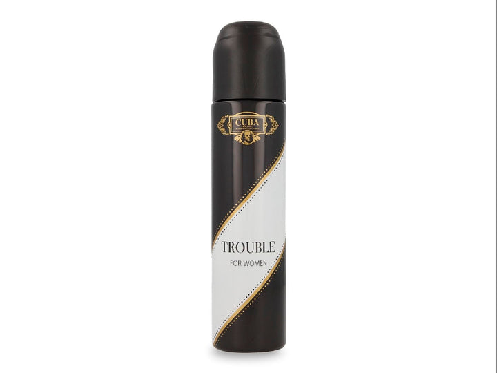 Frasco y caja de perfume Cuba Trouble para Mujer en colores negro, blanco y dorado.