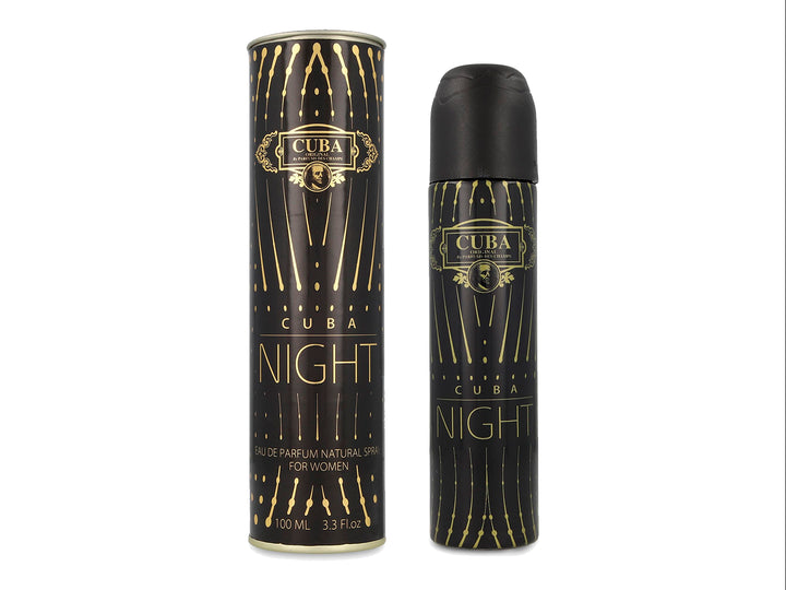 Perfume Cuba Night para Mujer en envase cilíndrico negro con detalles dorados y tapa negra.