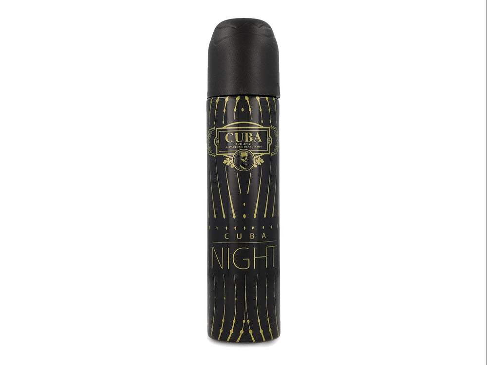 Perfume Cuba Night para Mujer en envase cilíndrico negro con detalles dorados y tapa negra.