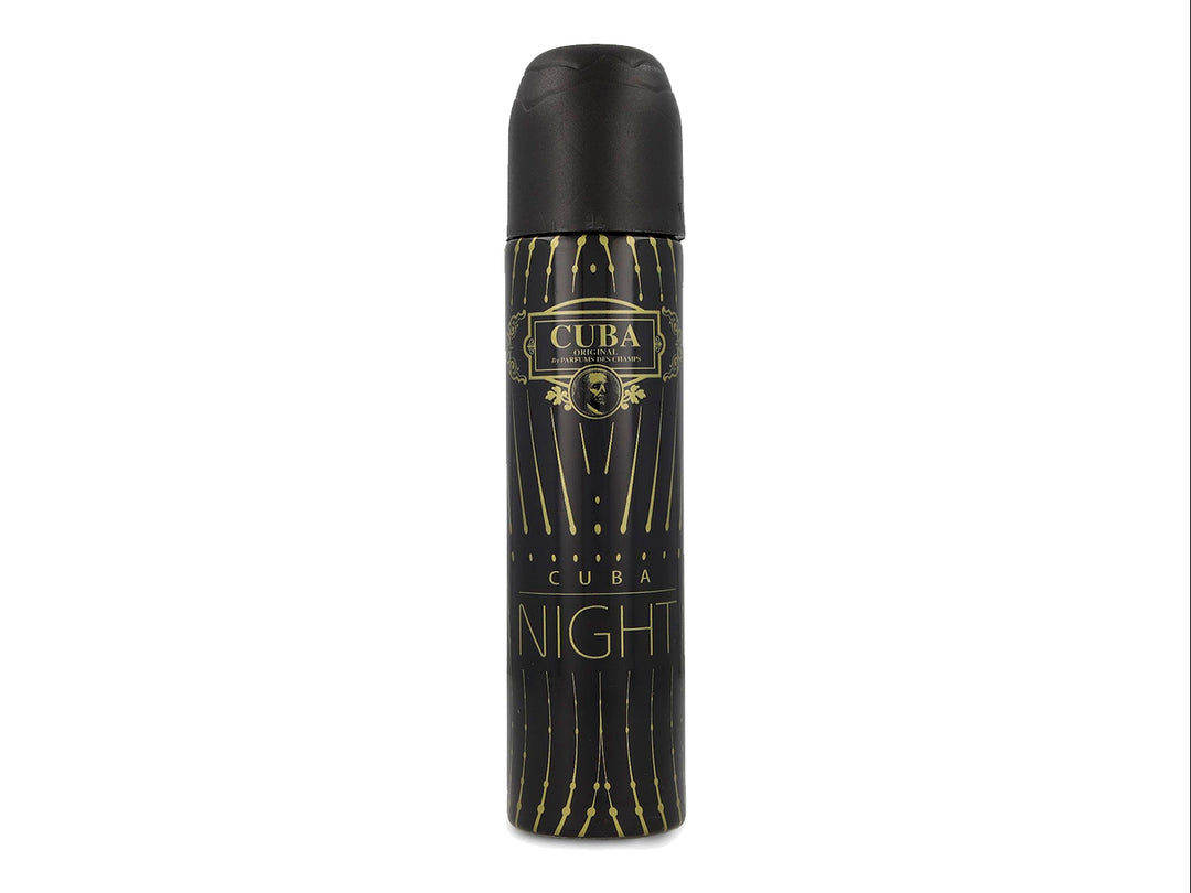 Perfume Cuba Night para Mujer en envase cilíndrico negro con detalles dorados y tapa negra.
