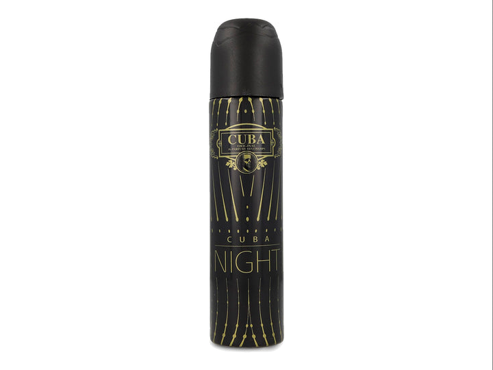 Perfume Cuba Night para Mujer en envase cilíndrico negro con detalles dorados y tapa negra.