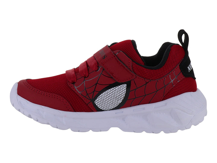 Tenis deportivos para niño en color rojo con detalles negros y suela blanca gruesa.