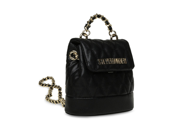 Bolso negro acolchado de Steve Madden con asa y correa de cadena dorada.