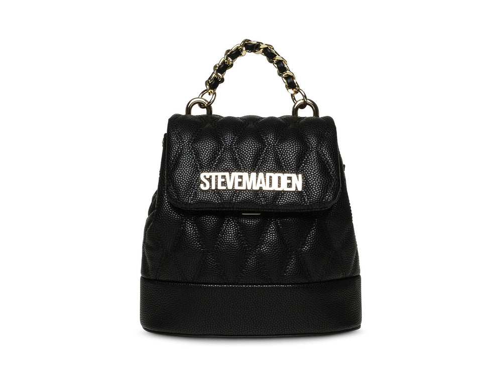 Bolso negro acolchado de Steve Madden con asa y correa de cadena dorada.