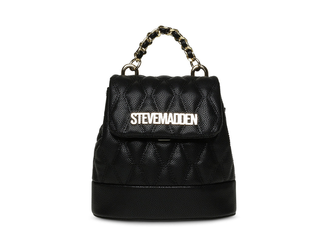 Bolso negro acolchado de Steve Madden con asa y correa de cadena dorada.