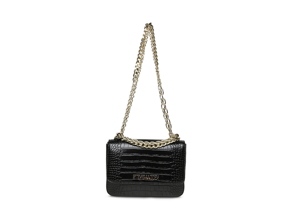 Bolso pequeño negro de Steve Madden con textura de cocodrilo y correa de cadena dorada.