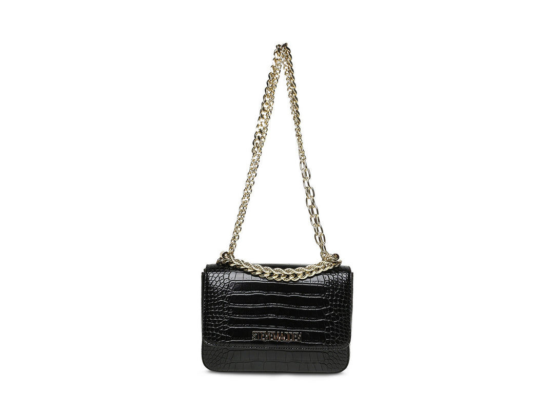 Bolso pequeño negro de Steve Madden con textura de cocodrilo y correa de cadena dorada.