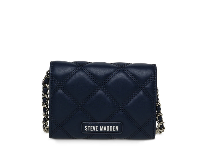 Bolso de hombro Steve Madden color azul marino con textura acolchada y correa de cadena plateada.