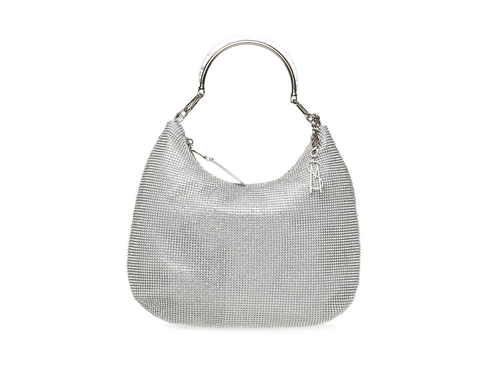 Bolso de hombro Steve Madden en color plata con diseño de malla metálica y correa de cadena.