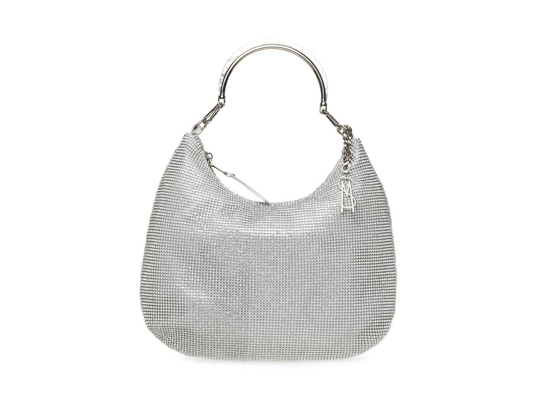 Bolso de hombro Steve Madden en color plata con diseño de malla metálica y correa de cadena.