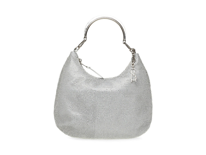 Bolso de hombro Steve Madden en color plata con diseño de malla metálica y correa de cadena.