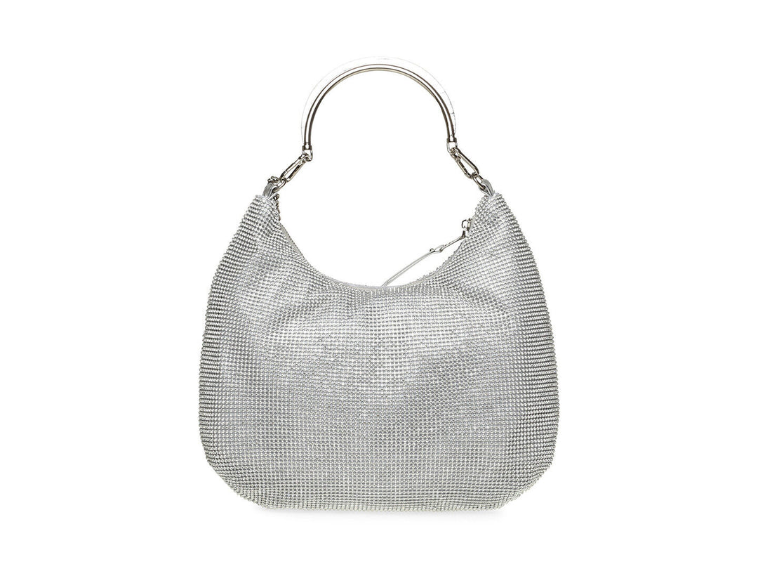 Bolso de hombro Steve Madden en color plata con diseño de malla metálica y correa de cadena.